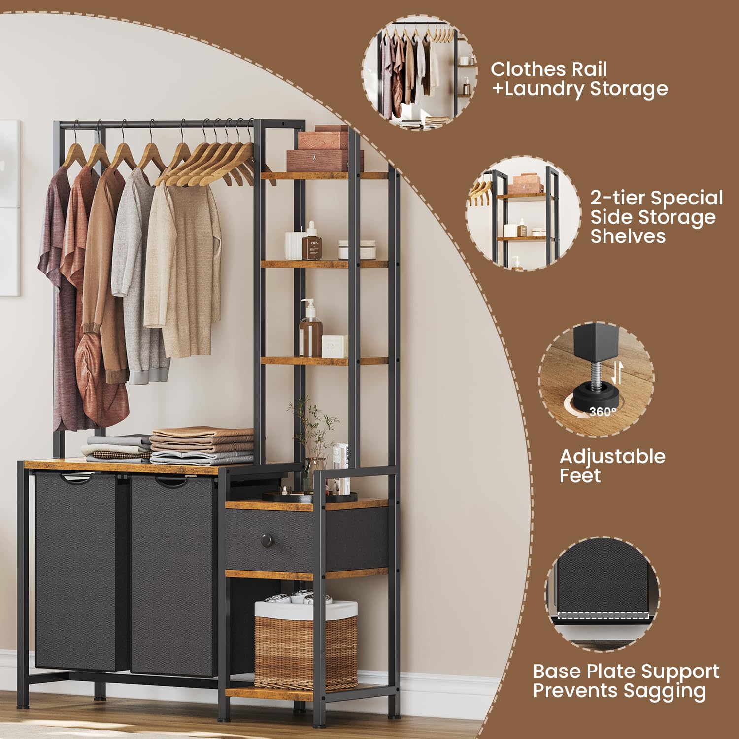 Laundry Hamper with Shelf, 5 Tiers Tall Laundry Basket Sorter with 2 Pull-Out and Removable Bags, Clothes Rack with Laundry Sorter for Laundry Room Bathroom Bedroom, Rustic Brown