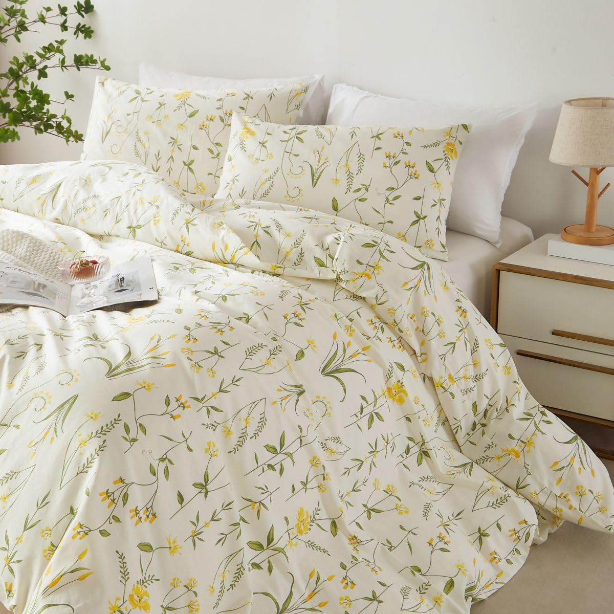 Jolusere Botanical Floral Duvet Cover Twin Size 100% Organic Cotton Duvet Cover Set for Kids Girls Cream White Duvet Cover with 1 Pillowcase(Twin,No Comforter)