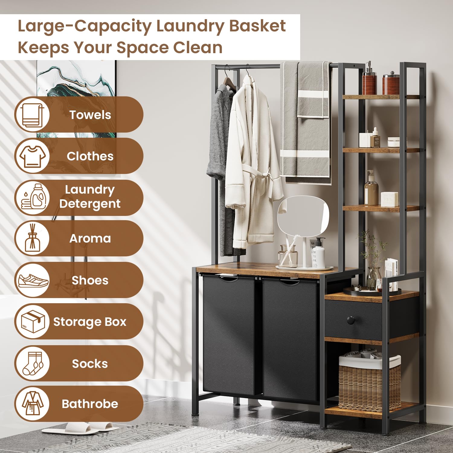 Laundry Hamper with Shelf, 5 Tiers Tall Laundry Basket Sorter with 2 Pull-Out and Removable Bags, Clothes Rack with Laundry Sorter for Laundry Room Bathroom Bedroom, Rustic Brown