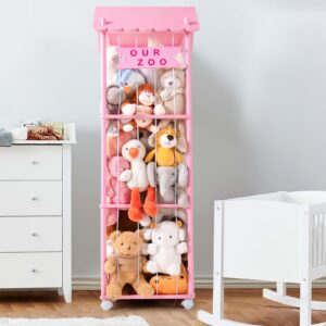 mloong large stuffed animal zoo storage, 58" tall wooden stuffed animal cage, stuffed animal zoo wood soft toy organizer, applicable kids nursery play room bedroom (pink)