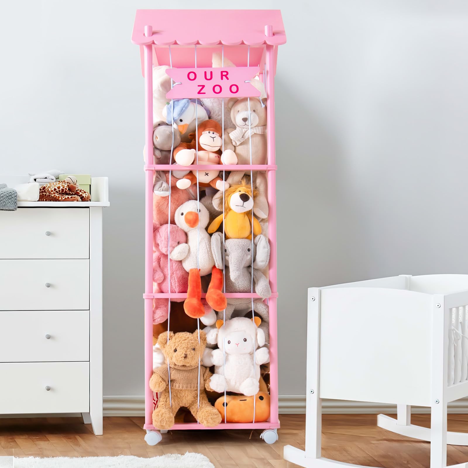 mloong Large Stuffed Animal Zoo Storage, 58" Tall Wooden Stuffed Animal Cage, Stuffed Animal Zoo Wood Soft Toy Organizer, Applicable Kids Nursery Play Room Bedroom (Pink)