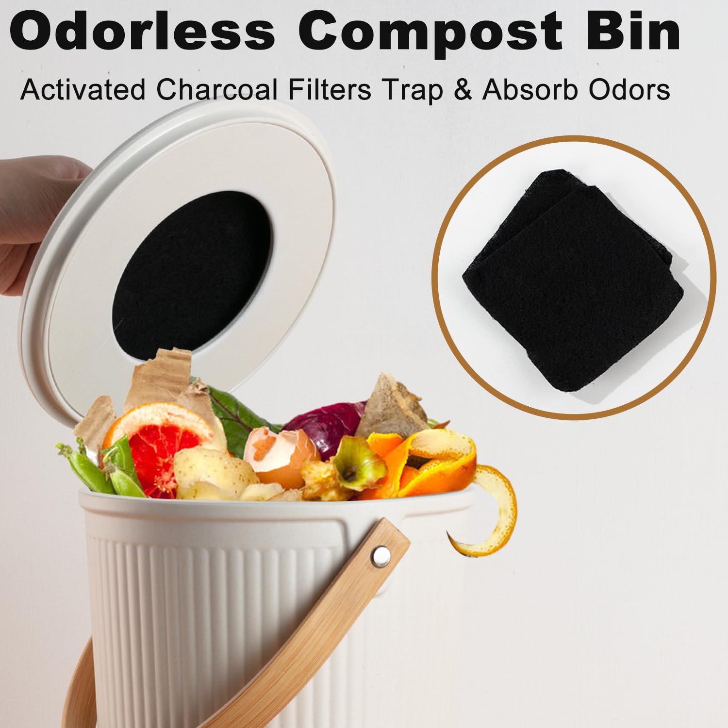 Kitchen Compost Bin Countertop - Yatmung Cylindrical Food Waste Bin for Kitchen Odorless - Indoor Bamboo Chicken Scrap Bucket - Counter Top Compost Bin with Lid - Plant Styled Compost Pail - Cream