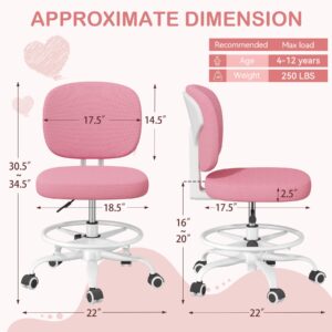 Nebuaegis Kids Desk Chair with Footrest, Swivel Height Adjustable Child Study Chair, Mesh Fabric Upholstered Office Chair with Wheels, Task Student Chair for Boy Girl in Bedroom Reading Room,Pink