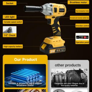 SKOVENSY Cordless Impact Wrench 258Ft-lb（350N.m）, 1/2 Impact Gun, 2 Batteries, Pistola de Impacto, with 5 Sockets, Electric Impact Driver for Car Tires and Home YELLOW