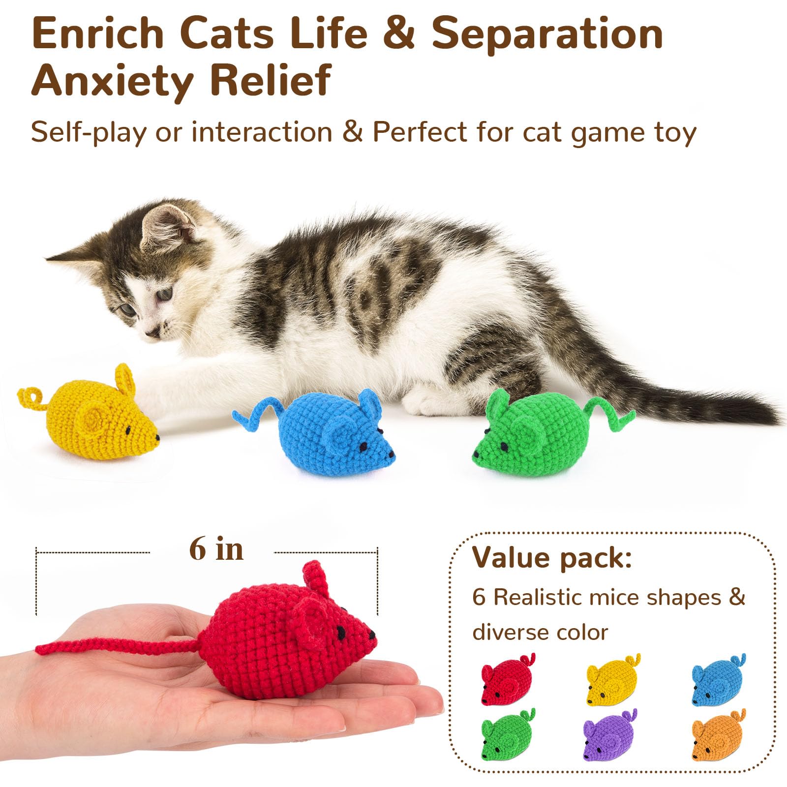 Retro Shaw Catnip Toys Mice,Interactive Cat Toys for Indoor Cats Kitten,6 Pack Woolen Yarn Crochet Mouse Catnip Animals Toys,Cat Nip Chew Toys for Kitten Teething Cleaning