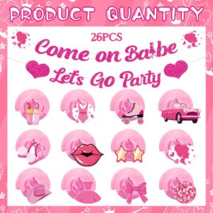 Come On Babe Let's Go Hot Pink Princess Birthday Banner and Hanging Swirl Hot Pink Girls Party Supplies Party Decorations for Bachelorette Bridal Shower Party Supplies