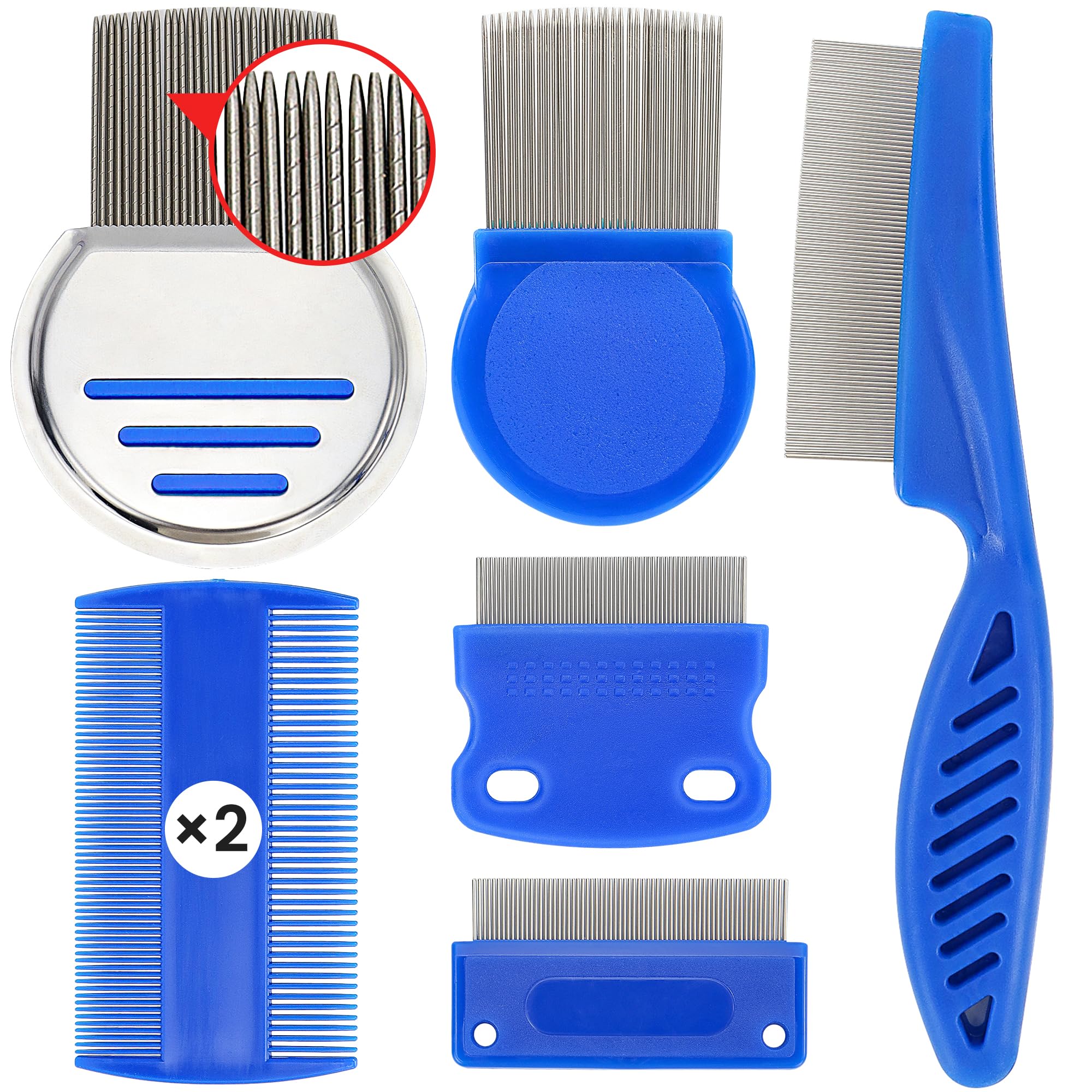 Lice Removal Comb Kit 7 Pcs, Flea and Tick Comb Lice Treatment, Stainless Steel Thread Dandruff Comb, Nit Combs for Thick Hair, Kids, Adults & Pets