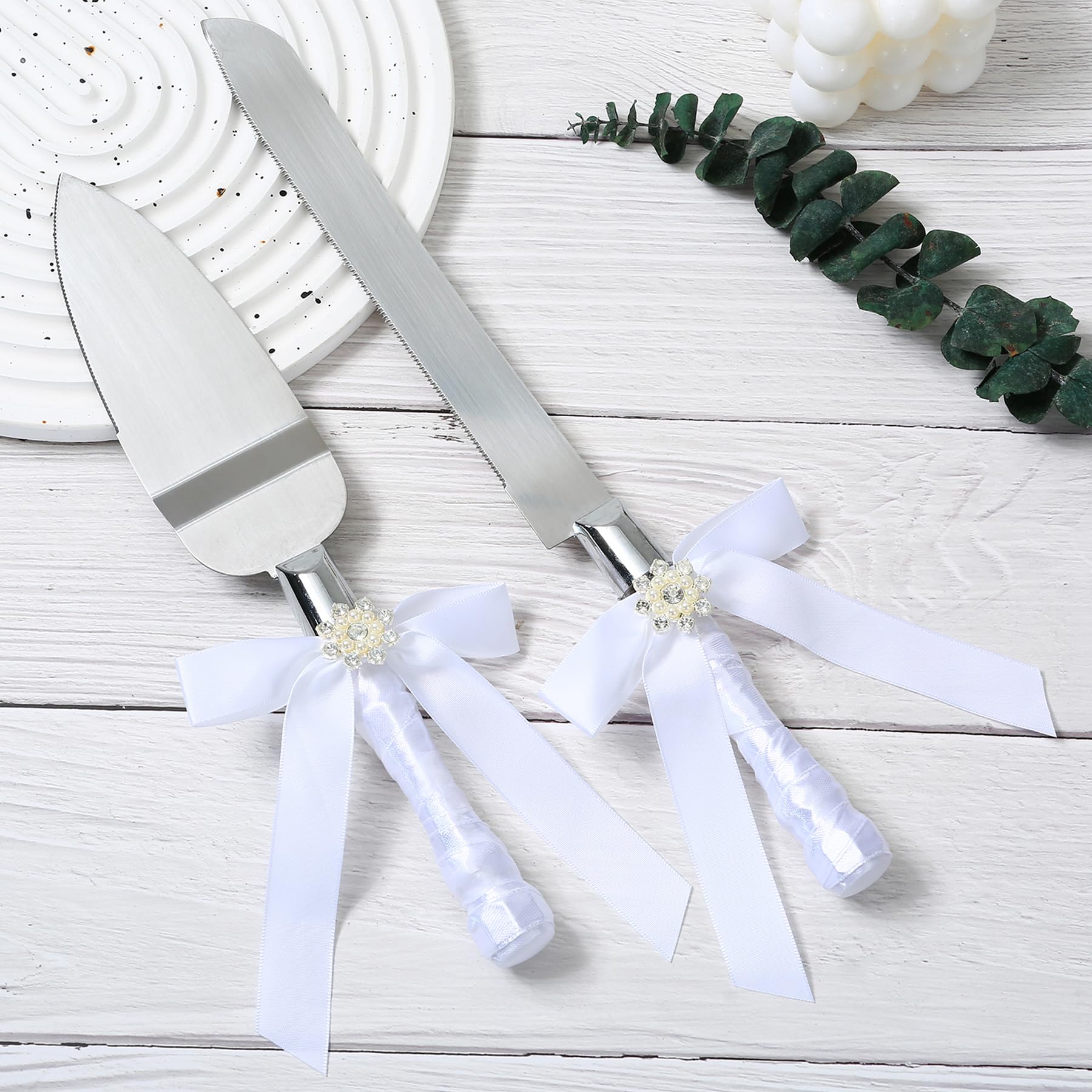 SANDOO Rustic Wedding Cake Knife and Server Set with Pearl Bowknot Decor - Cake Cutting Set for Wedding,Wedding Knife Set for Bride And Groom, Knife and Cake Server Set Cake Cutter for Wedding