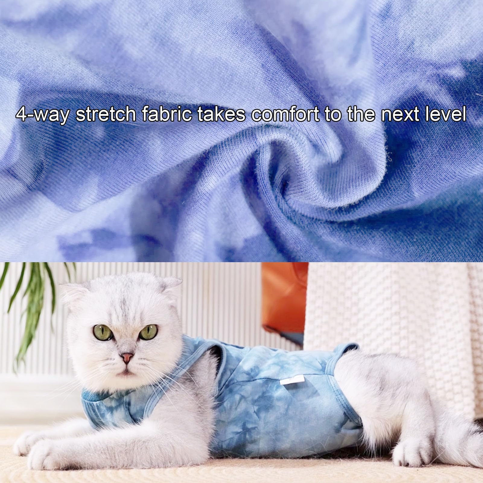 Cat Recovery Suit Cats Onesie for Female Male After Surgery Abdominal Anti Licking Wounds Skin Diseases, Breathable E-Collar Alternative for Cats and Dogs (Tie dye Blue, L)