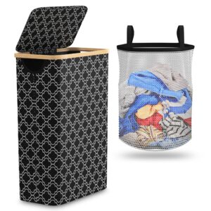 slim hamper with lid & removable mesh bag (60l) – foldable narrow clothes hamper with bamboo handle – durable skinny laundry basket for bedroom, bathroom dorm & closet - black