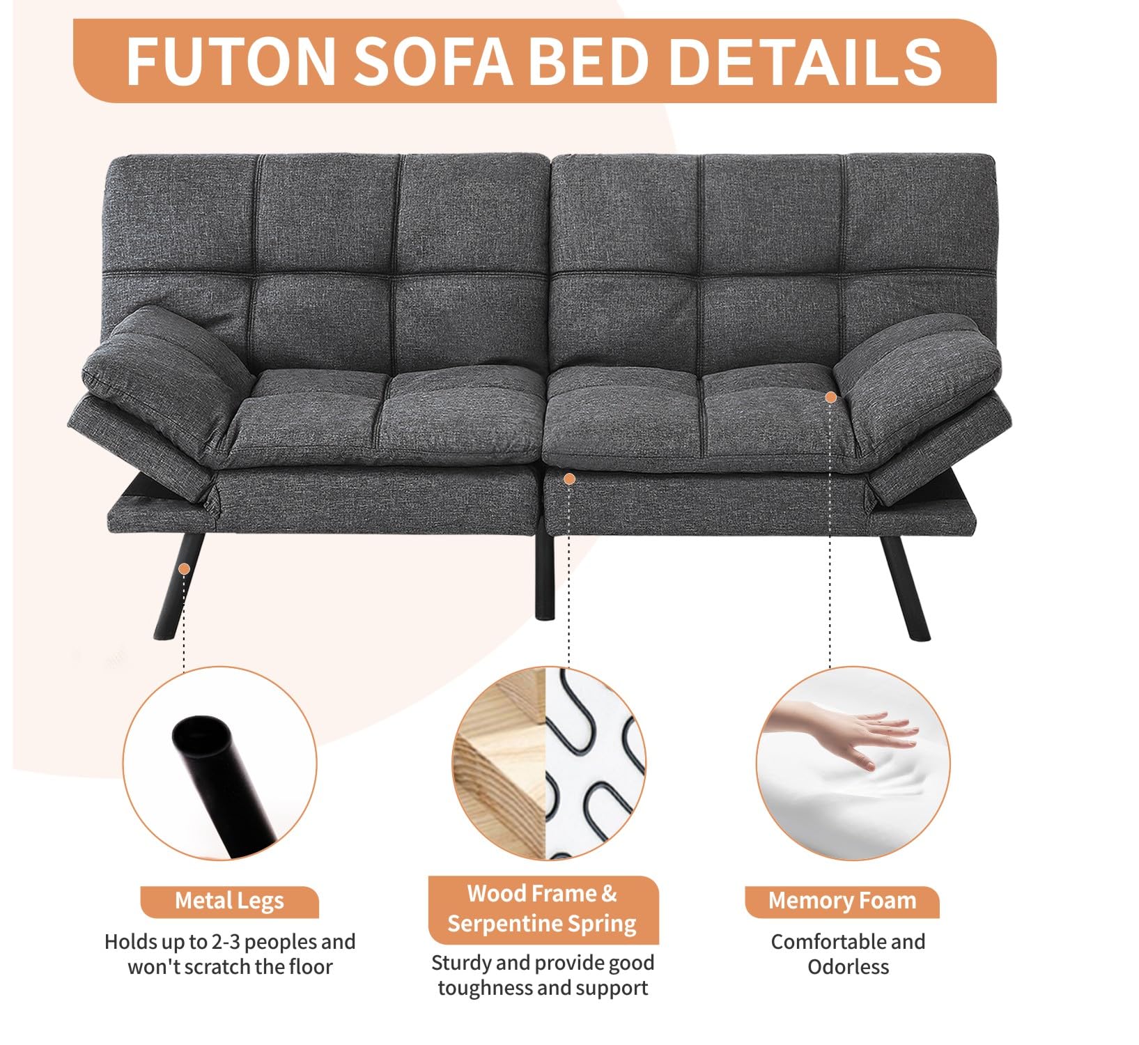 MUUEGM Futon Adjustable Sofa Bed Couch,Memory Foam Modern Loveseat Sofa Take a Nap,Convertible Sofas for Apartment,Bed Room,Living Room,Office,Small Space Dark Gray