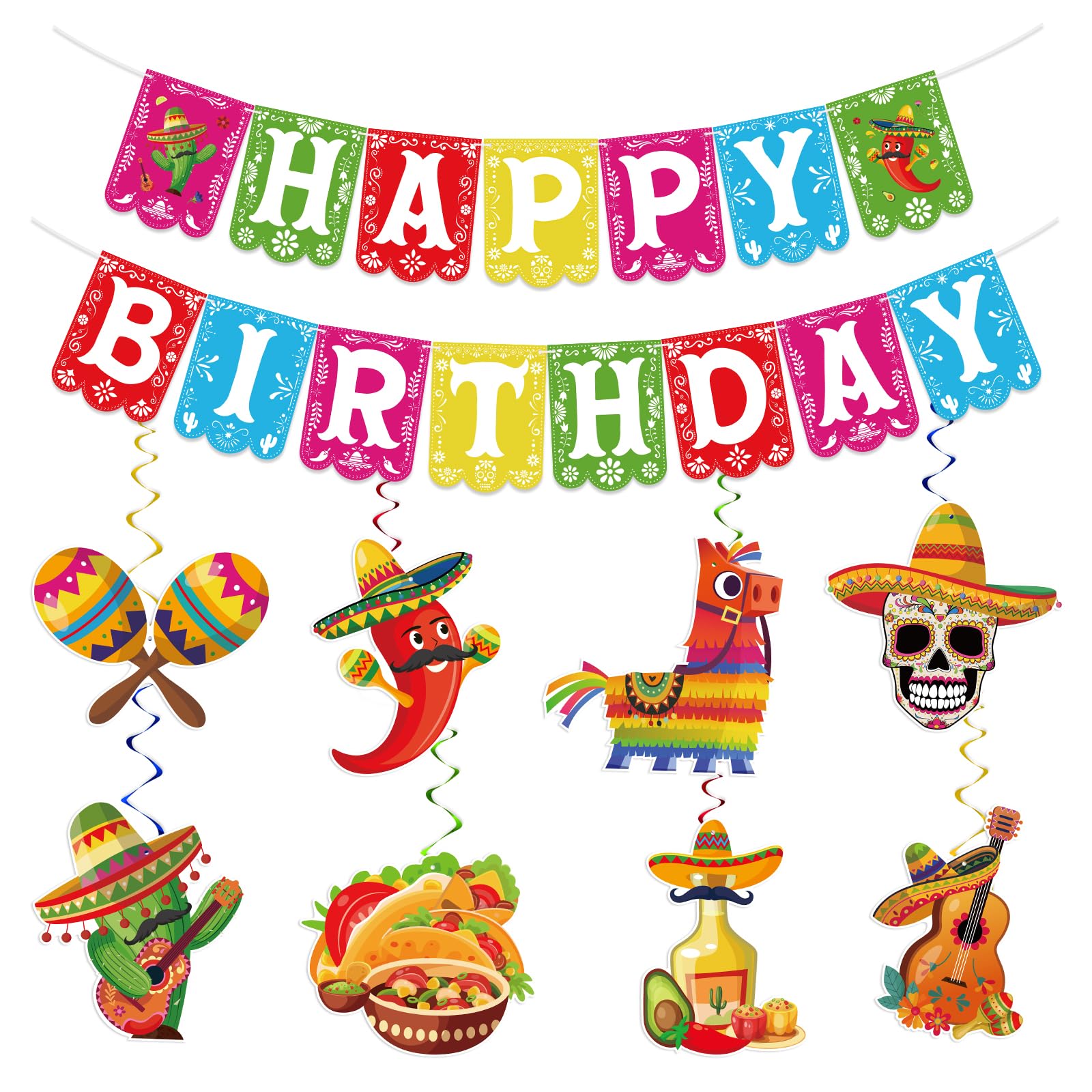 Lemicin 9PCS Mexican Fiesta Party Decorations - 1 PCS Happy Birthday Banner and 8 PCS Cinco de Mayo Mexican Hanging Swirl Party Supplies Mexican Themed Taco Birthday Party for Birthday, Festival