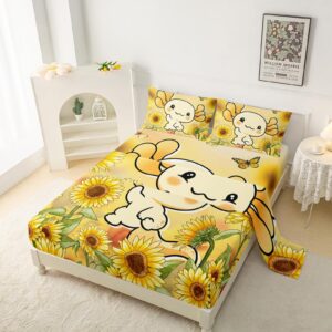 QOOMO Cartoon Axolotl Soft Microfiber Bed Sheets Sunflower Kids Sheets Set Kawaii Animal Super Soft Kids Bedding Set Breathable Room Decoration Queen Size 1 Fitted Sheet, 1 Flat Sheet, 2 Pillow Cases