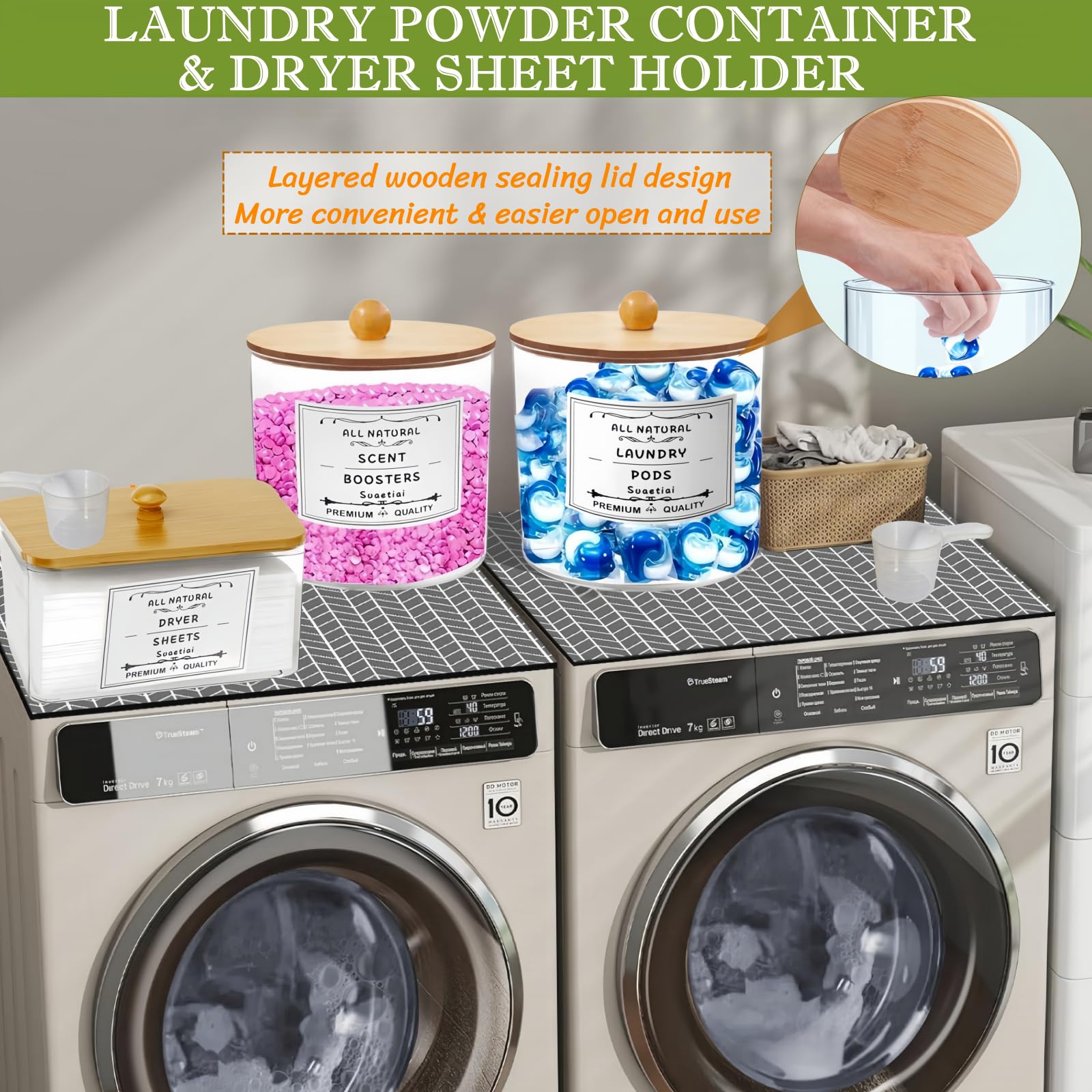 3 Pack Laundry Powder Container & Dryer Sheet Holder, Large Capacity Acrylic Laundry Room Organization Storage Containers with Lids, Labels & Scoops for Powder, Scent Booster, Pods, Beads, Bath Bombs