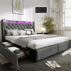 doltoro full size bed frame with 4 storage drawers and upholstered headboard, button tufted platform bed with led lights and charging station, no box spring needed, easy assembly, gray