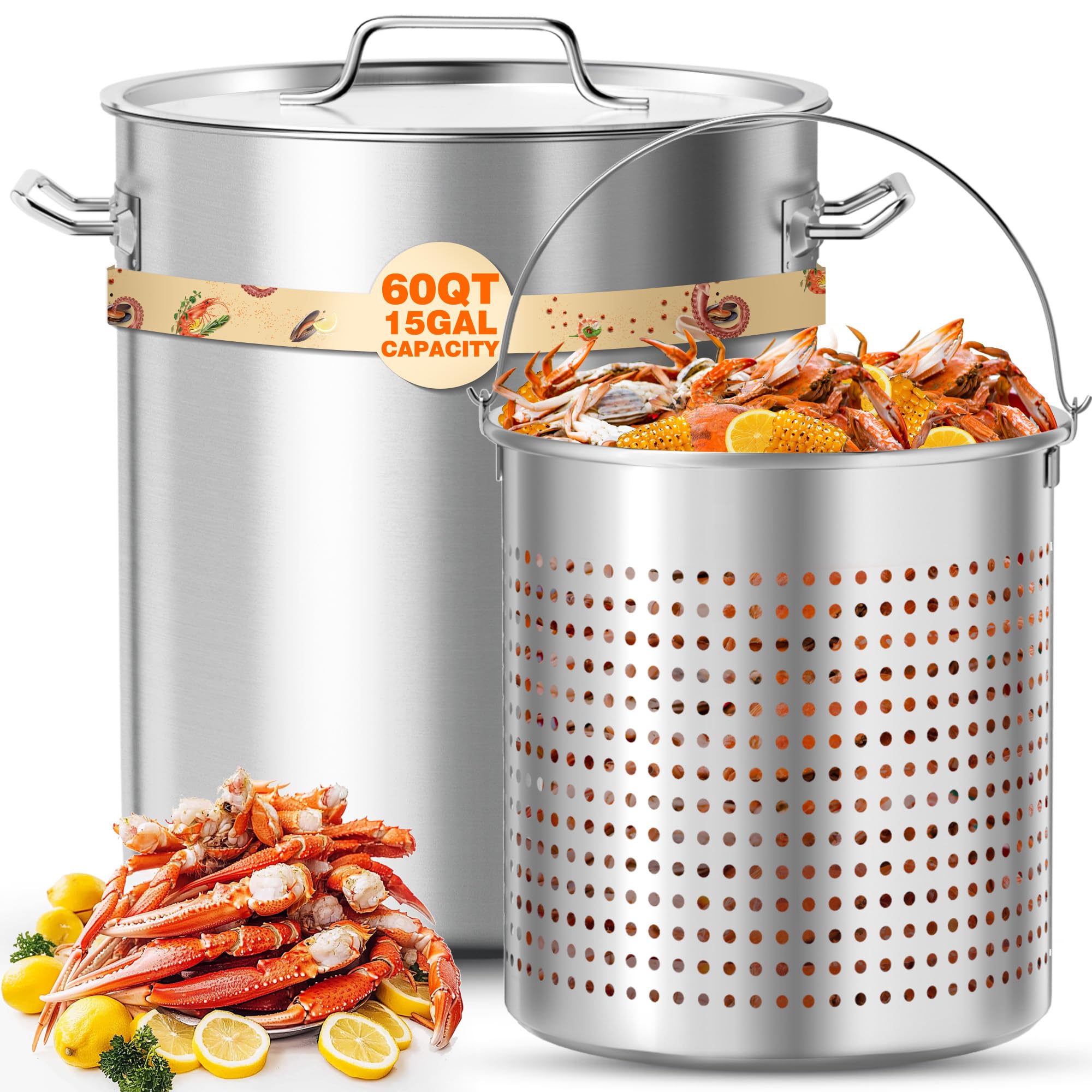 PYY Seafood Boil Pot - Turkey Fryer with Basket & Lid, Stainless Steel Crab Lobster Crayfish Shrimp Stock Pot Boiler Deep, Fried Cooker for Commercial Outdoors or Gatherings, 60qt