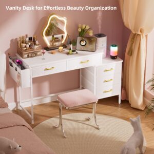 YILQQPER Vanity Desk without Mirror, Makeup Vanity with 5 Fabric Drawers, White Vanity Desk Dressing Vanity Table with Charging Station, 50 Inch Large Girl Vanity, Desk Make Up Vanity for Girls, White