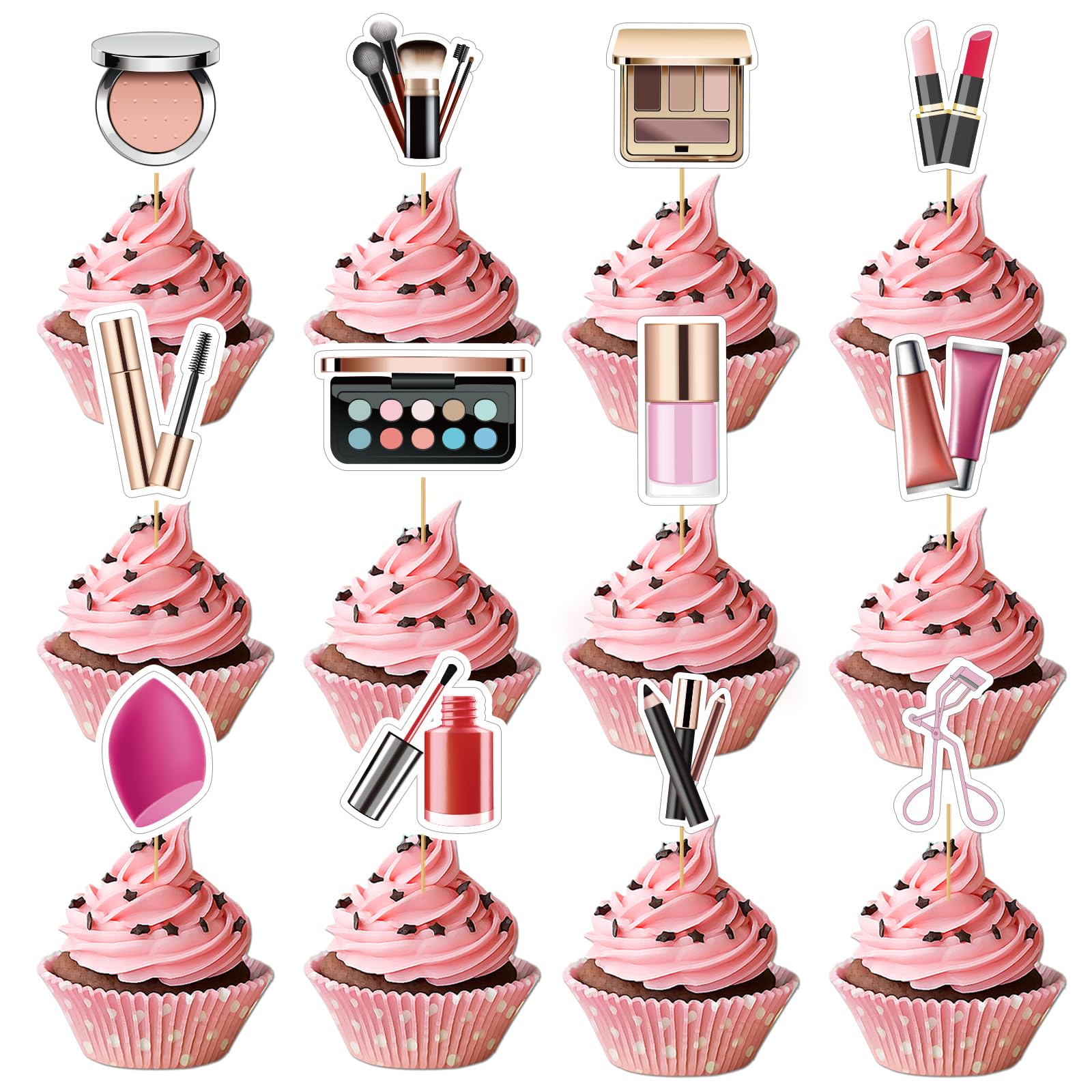 24PCS Makeup Cupcake Toppers - Makeup Cupcake Toppers for Girls Makeup Birthday Party Decorations Cosmetics Cake Toppers Make Up Party Supplies for Bridal Shower Cosmetics Party