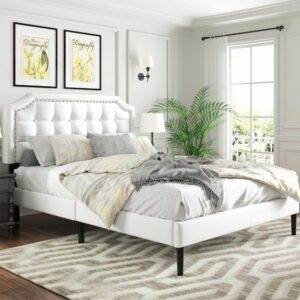 CXVX Full Size Platform Bed Frame with Headboard, Button Tufted & Rivet Design, No Box Spring Needed, Easy Assembly, No Noise, White Faux Leather