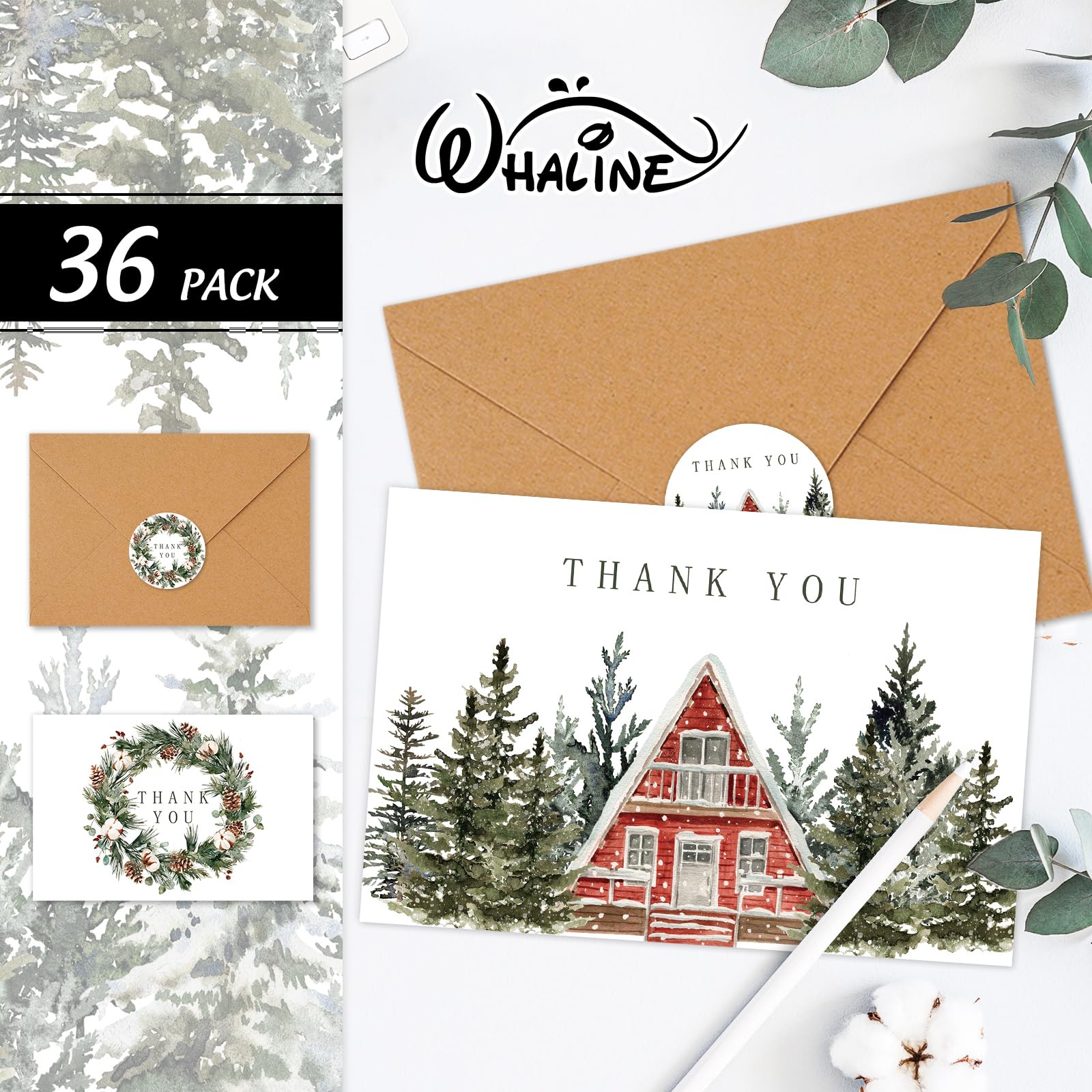 Whaline 36 Packs Christmas Thank You Cards Watercolor Xmas Pine Tree Greeting Cards Winter Forest Blank Note Cards with Envelopes and Stickers for Wedding Birthday Holiday, 4 x 6 Inch