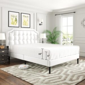 CXVX Full Size Platform Bed Frame with Headboard, Button Tufted & Rivet Design, No Box Spring Needed, Easy Assembly, No Noise, White Faux Leather