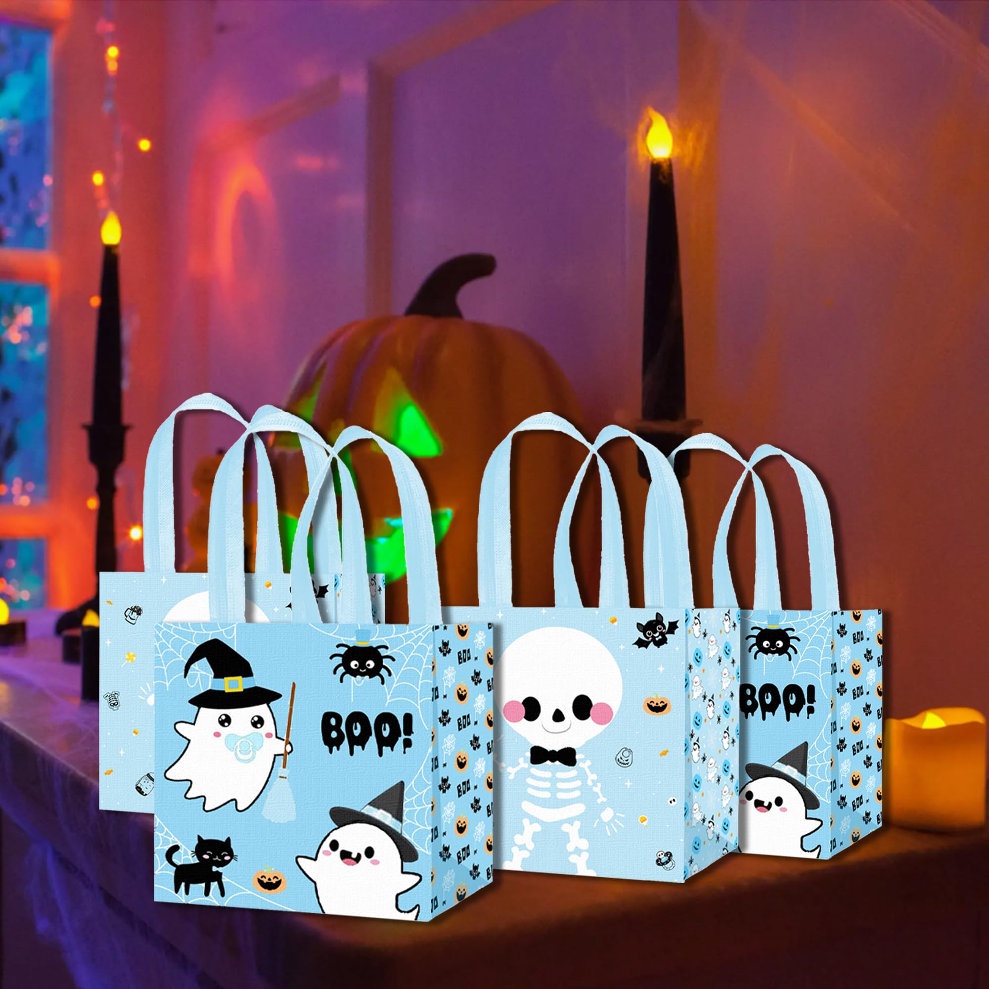 umoni Halloween Non-Woven Treat Bags Halloween Little Boo Baby Shower Treat Bags 12 Pack Blue Ghost Trick or Treat Candy Bags for Hallowen Favor Little Boo Baby Shower Birthday Party Supplies