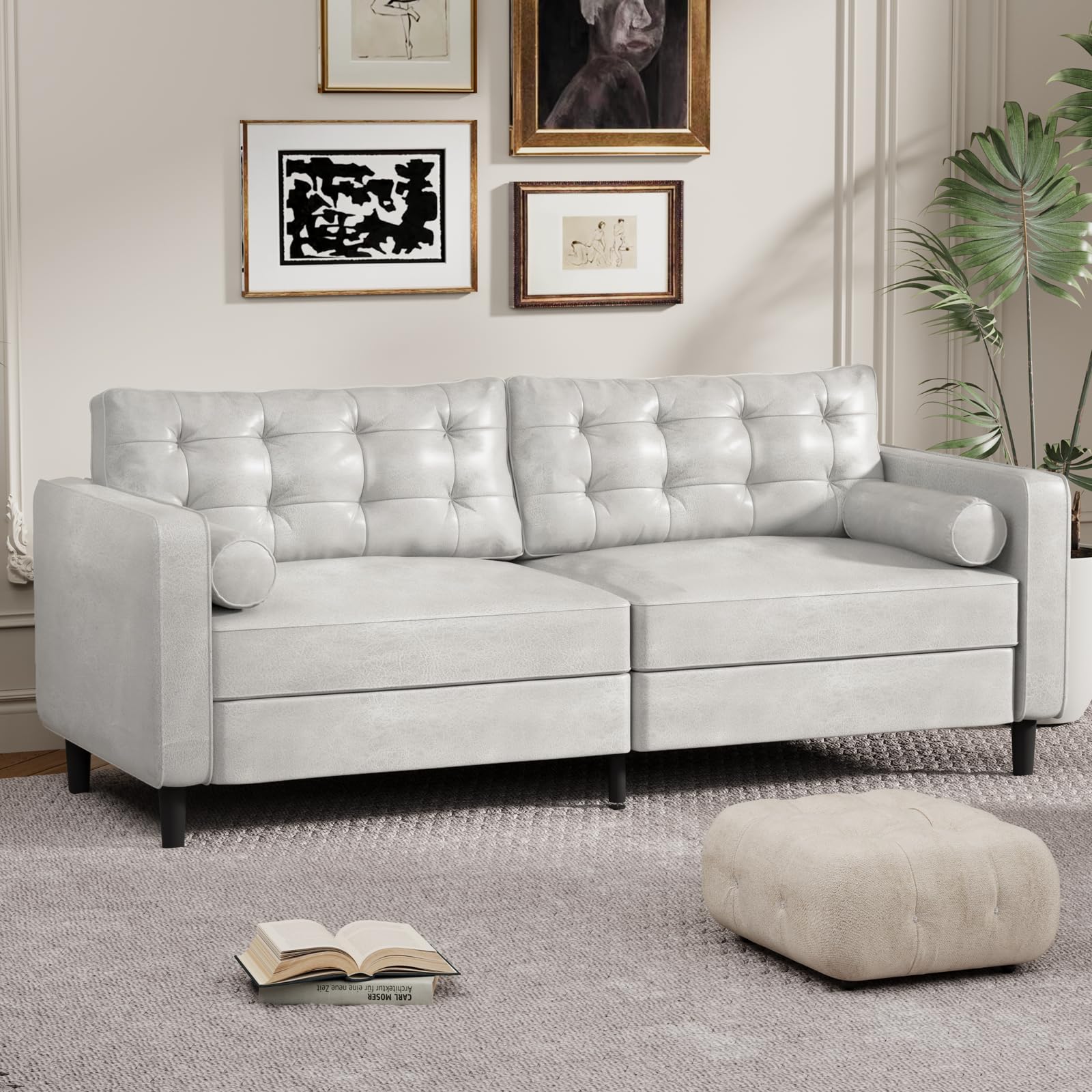 YODOLLA 84.2 Inch Faux Leather Sofa Couch with 2 Bolster, Large Mid Century Modern Couch with 2 Bolster Pillows 3 Seats Sofa Couch for Living Room, White