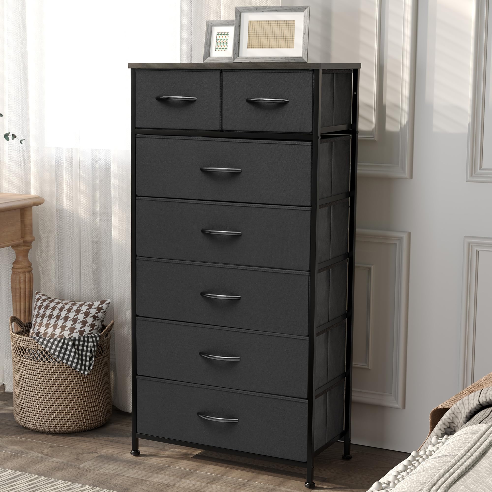 Pellebant Dresser for Bedroom with 7 Drawers, Tall Dresser Vertical Storage Tower, Sturdy Metal Frame, Fabric Storage Bins with Plastic Handle, Wooden Top, Organizer Unit for Closet/Hallway, Black