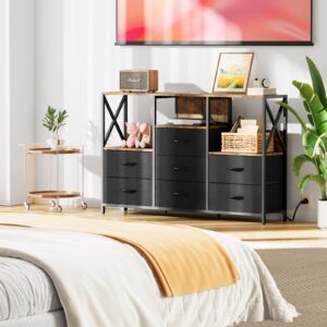 Black Dresser for Bedroom, 53" Dresser TV Stand with LED Light and Power Outlets, 7 Drawers Dressers, Fabric Chest of Drawers with Open Shelf, Large Dressers for Bedroom, Living Room