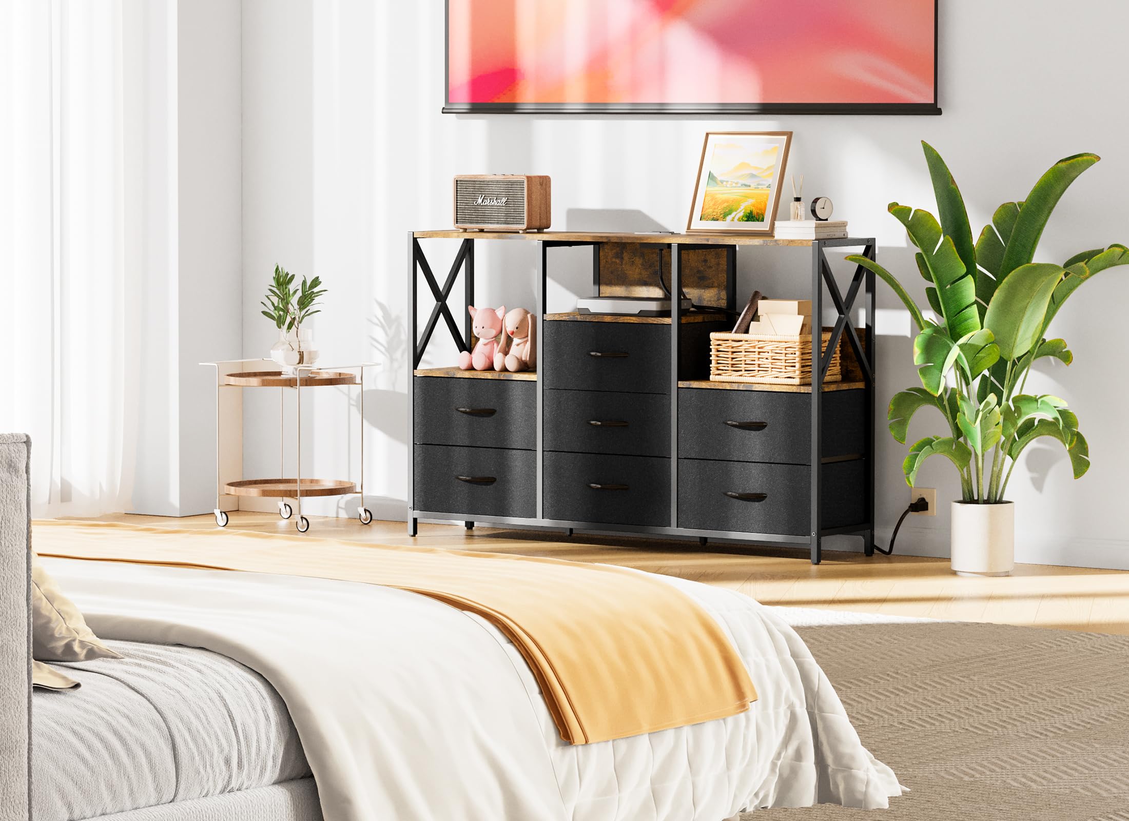 Black Dresser for Bedroom, 53" Dresser TV Stand with LED Light and Power Outlets, 7 Drawers Dressers, Fabric Chest of Drawers with Open Shelf, Large Dressers for Bedroom, Living Room