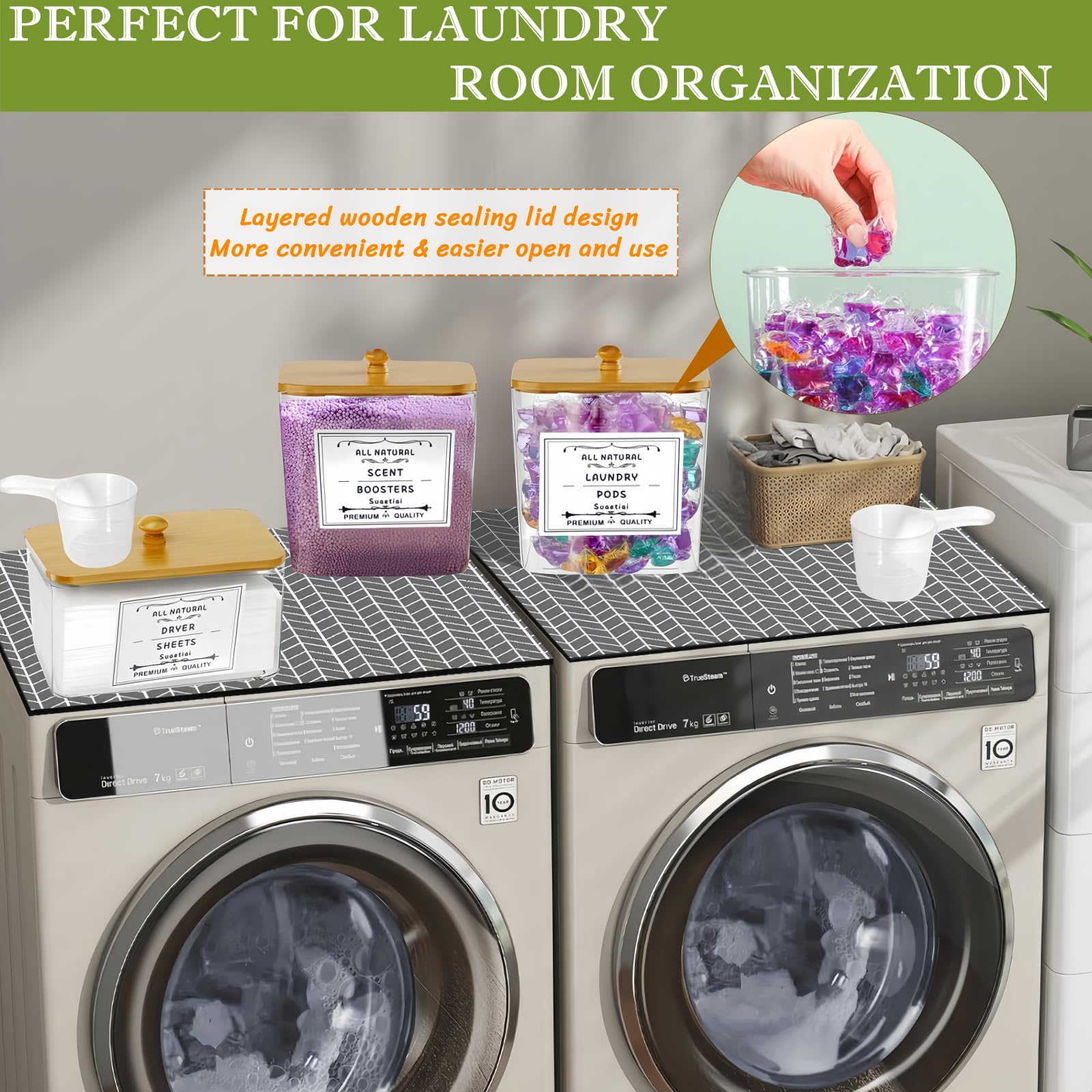 3 Pack Laundry Pods Container & Dryer Sheet Holder, Square Plastic Laundry Room Organization Storage Containers with Lids, 13 Labels & Scoops for Powder, Scent Booster, Pods, Beads, Bath Bombs, Soap