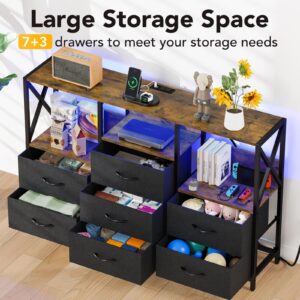 Black Dresser for Bedroom, 53" Dresser TV Stand with LED Light and Power Outlets, 7 Drawers Dressers, Fabric Chest of Drawers with Open Shelf, Large Dressers for Bedroom, Living Room