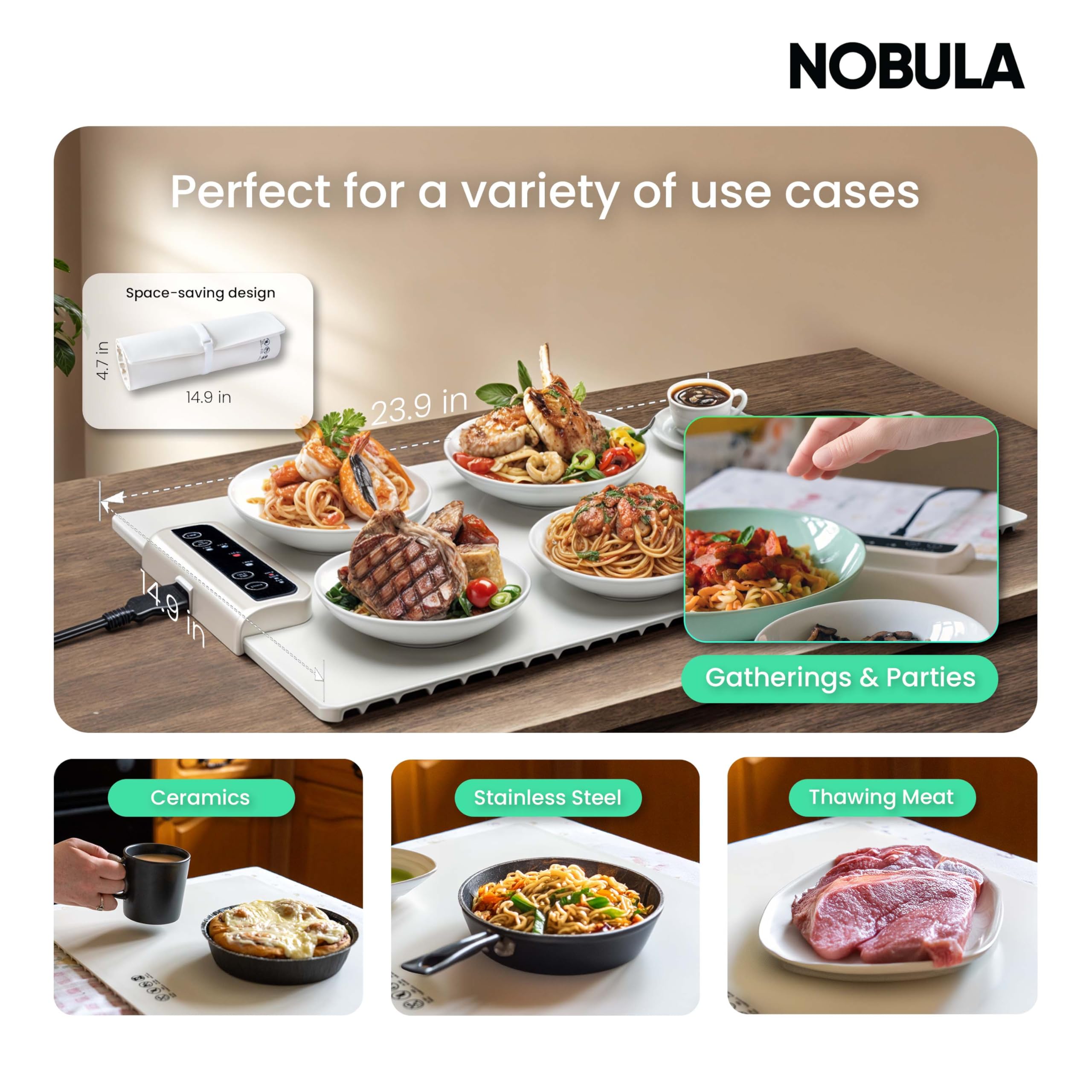 Electric Food Warming Mat by Nobula – Warming Tray for Kitchen & Office with 3 Adjustable Temperatures & Timers – Warming Pad for Countertops, Buffets, Parties – Perfect for Warming Coffee and Meals