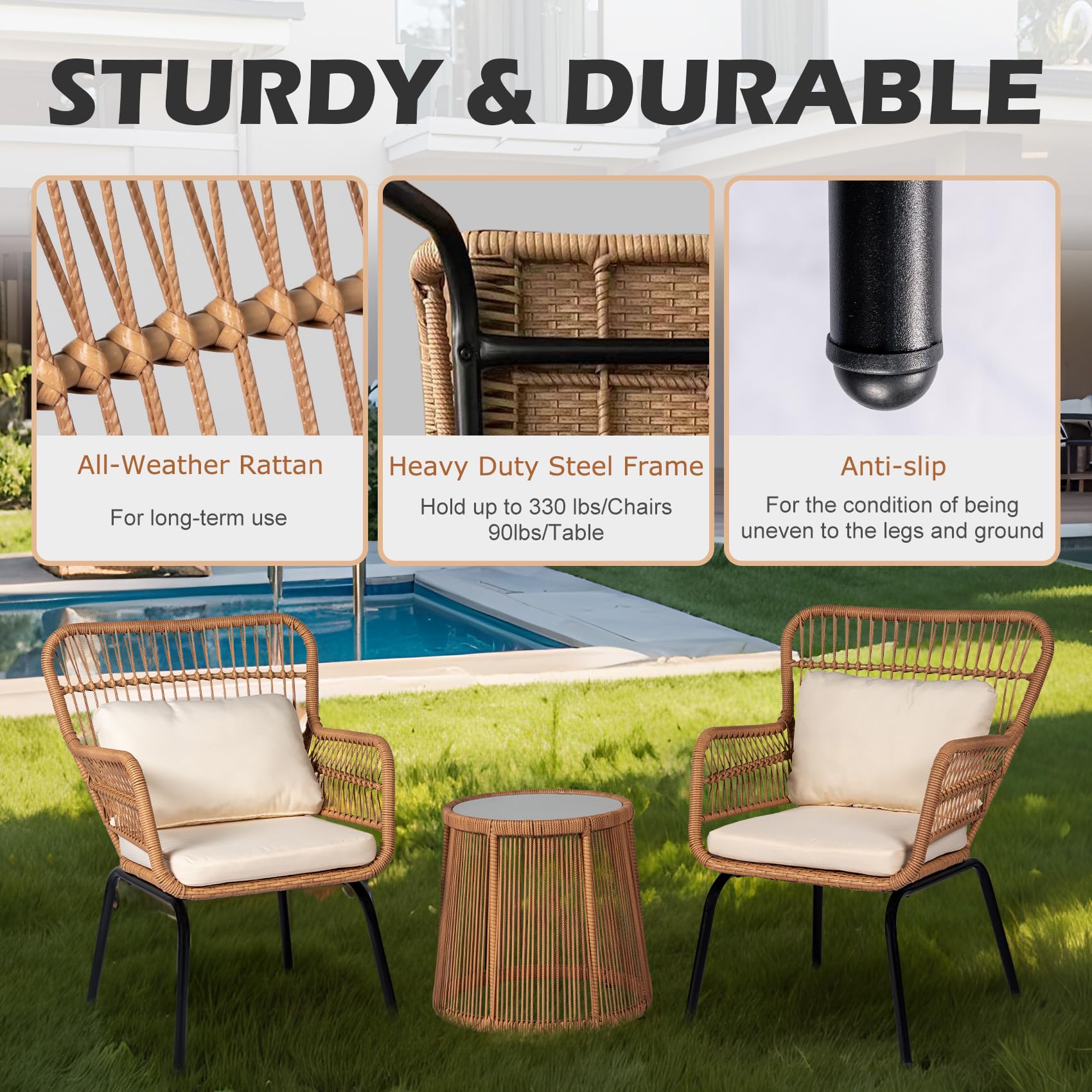 HOMEZILLIONS 3 Piece Outdoor Wicker Furniture Bistro Set, Rattan Chairs Conversation Sets Porch Furniture, Wicker Patio Furniture for Balcony Poolside Backyard