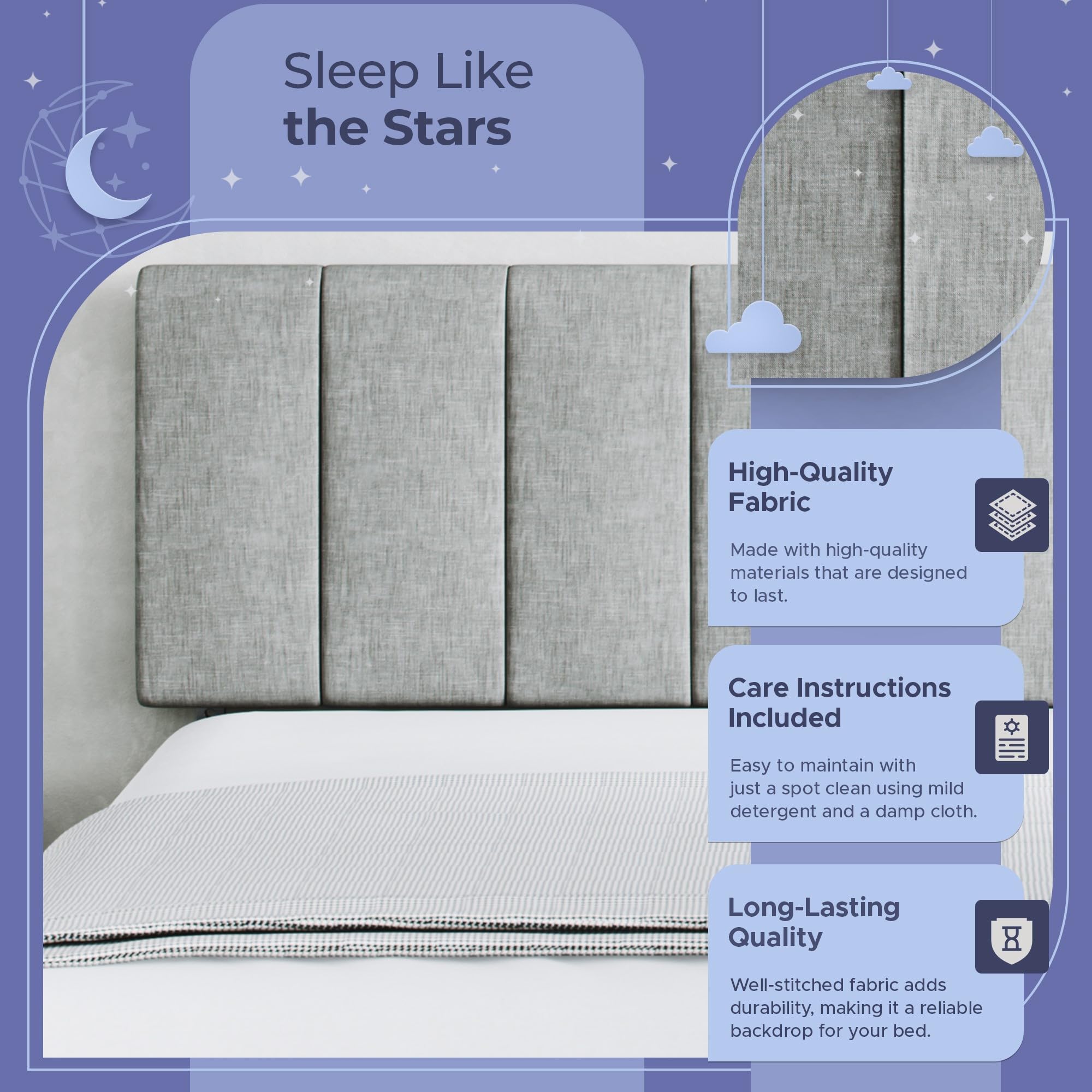 Celestial Sleep Vertical Channel-Tufted Mid-Rise Upholstered Headboard, Wall or Bed Frame Mount - Full or Queen (Gray)