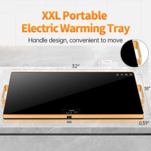 Electric Warming Tray（XXL 32”x18”），Food Warmer with Thermostat and Full Surface Heating，Food Warming Mat with 2 Temperature Modes for Parties Buffet，Gatherings，Gold Edge Handles Warming Mat for Food