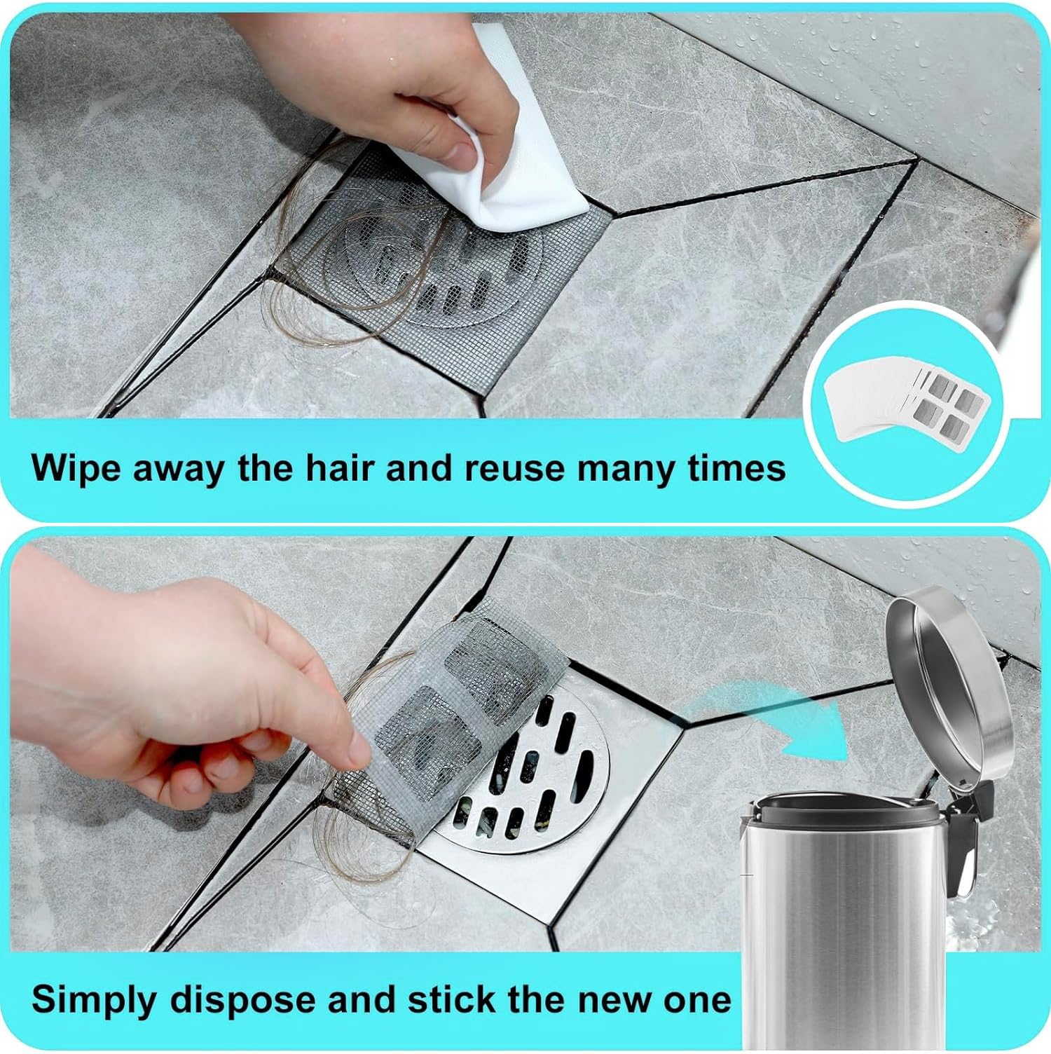 Shower Drain Hair Catcher Disposable 50 Pack，4" X 4" Shower Drain Cover Mesh Stickers Easy to Install and Clean Suit for Bathtub, Bathroom, Kitchen and Laundry