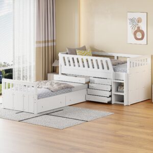 merax l-shaped space-saving twin loft and platform bed with 7 drawers and full guardrails, wooden bedframe for boys girls adult, no spring box needed, white