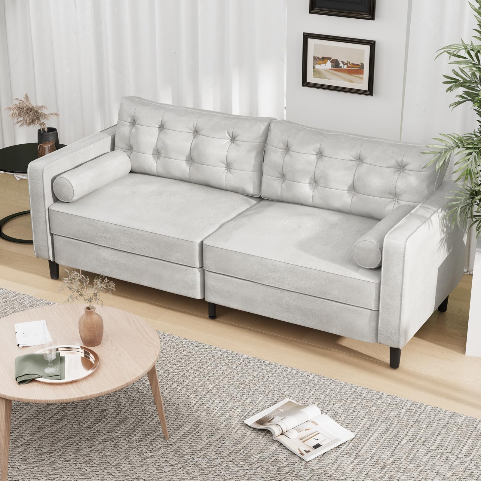 YODOLLA 84.2 Inch Faux Leather Sofa Couch with 2 Bolster, Large Mid Century Modern Couch with 2 Bolster Pillows 3 Seats Sofa Couch for Living Room, White