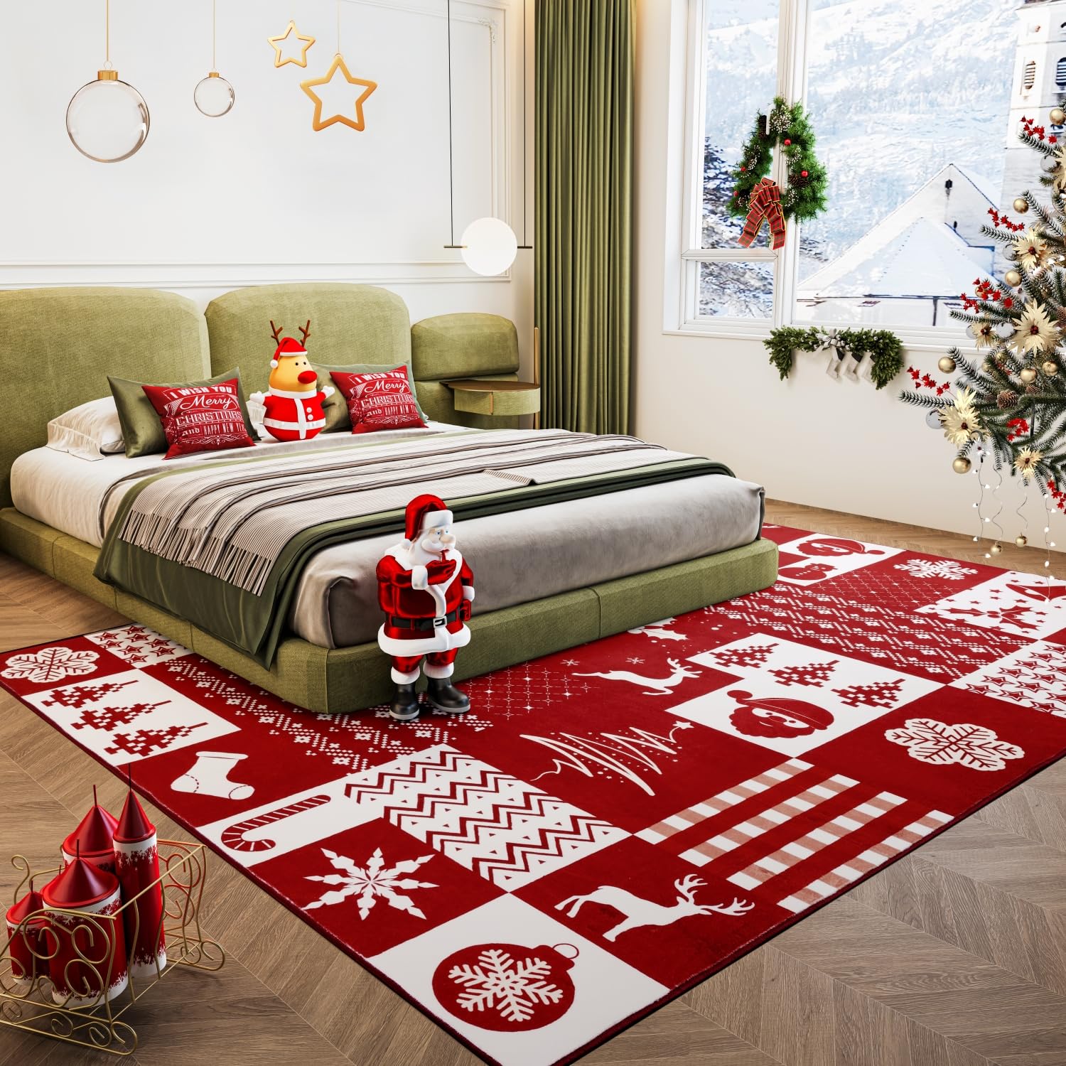 Syalife 9x12 Christmas Rug for Living Room, Bedroom, Dining Room, Large Red/White Area Rug, Indoor Festival Machine Washable Rugs, 9'x12', Patchwork Pattern