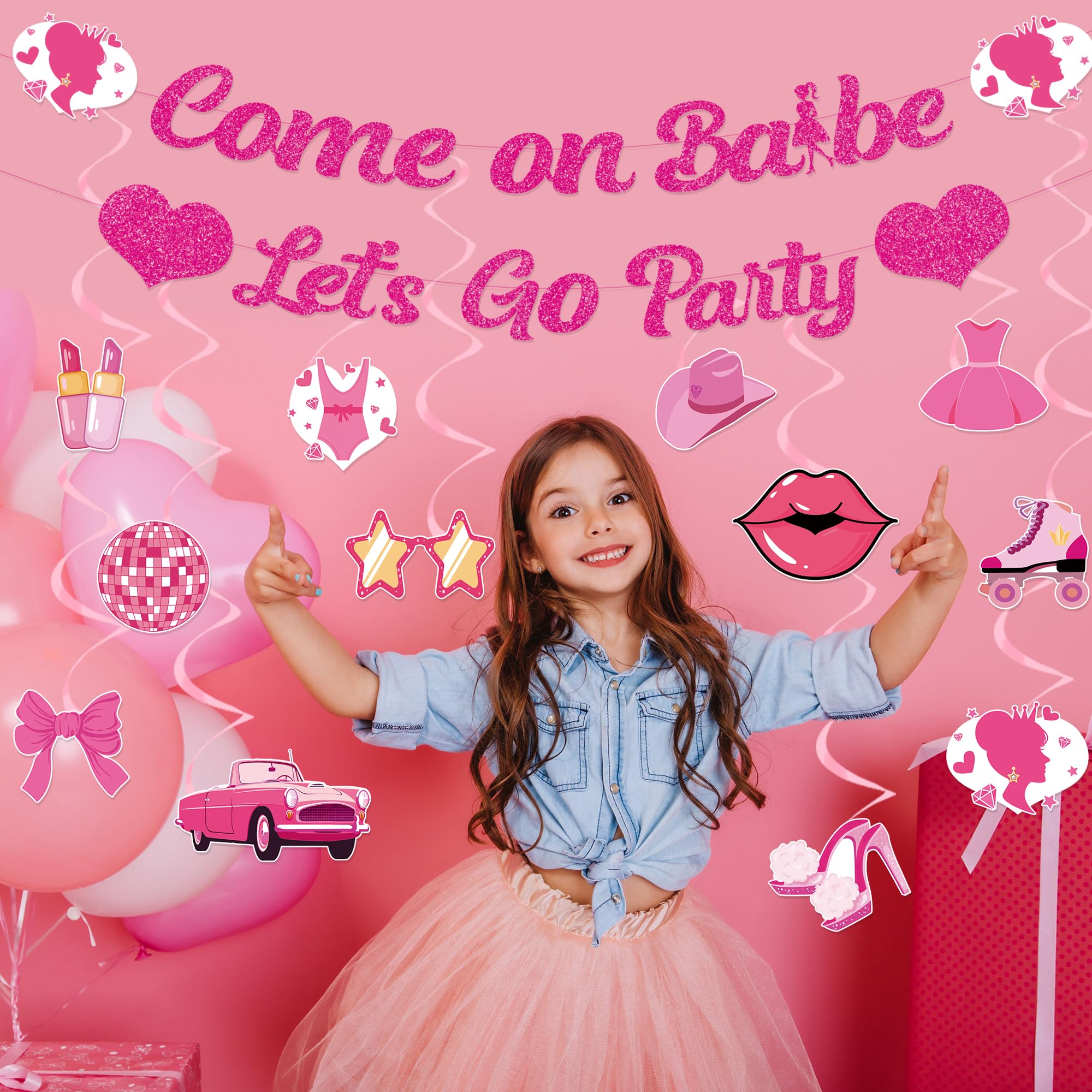 Come On Babe Let's Go Hot Pink Princess Birthday Banner and Hanging Swirl Hot Pink Girls Party Supplies Party Decorations for Bachelorette Bridal Shower Party Supplies