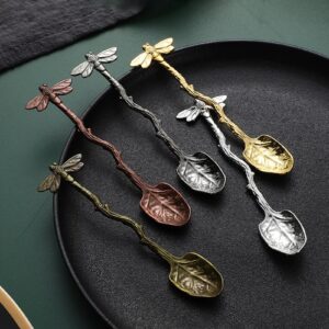 Retro Dragonfly Spoon Coffee Spoon Teaspoon Stainless Steel Tableware Creative Sugar Spoon Tea Spoon Stir Bar, Dessert Spoon, Cake Spoon, Long Handle Spoon Kitchen Gadget Antique (Red Bronze)