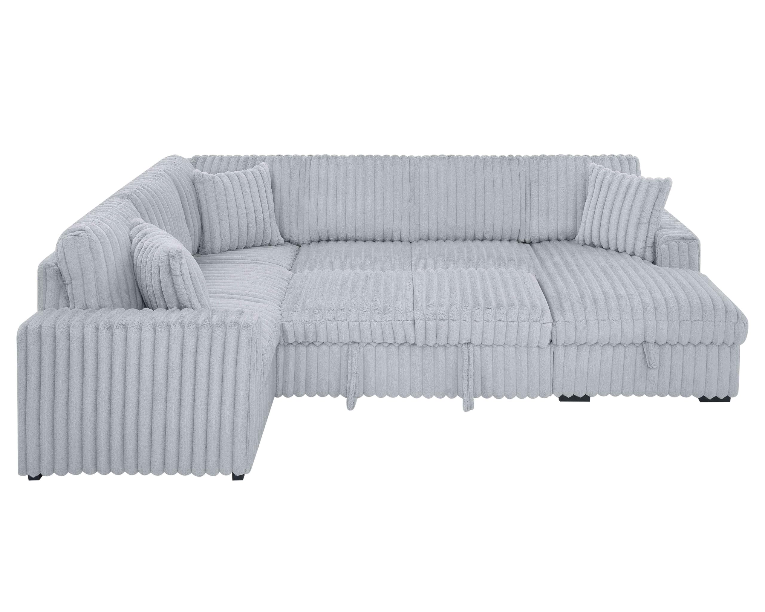 DEINPPA 122 Inch Sleeper Sofa Couch with Pullout Bed, Chunky Furry Corduroy Sectional Sofa with Storage Chaise and Charging Ports, Large Sectional Couches for Living Room-Grey