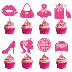 Hot Pink Girl Cupcake Toppers - 24PCS Glitter Hot Pink Princess Cupcake Toppers Picks Handbag Lip High Heel Cake Decoration Princess Birthday Bachelorette Party Supplies Bridal Shower