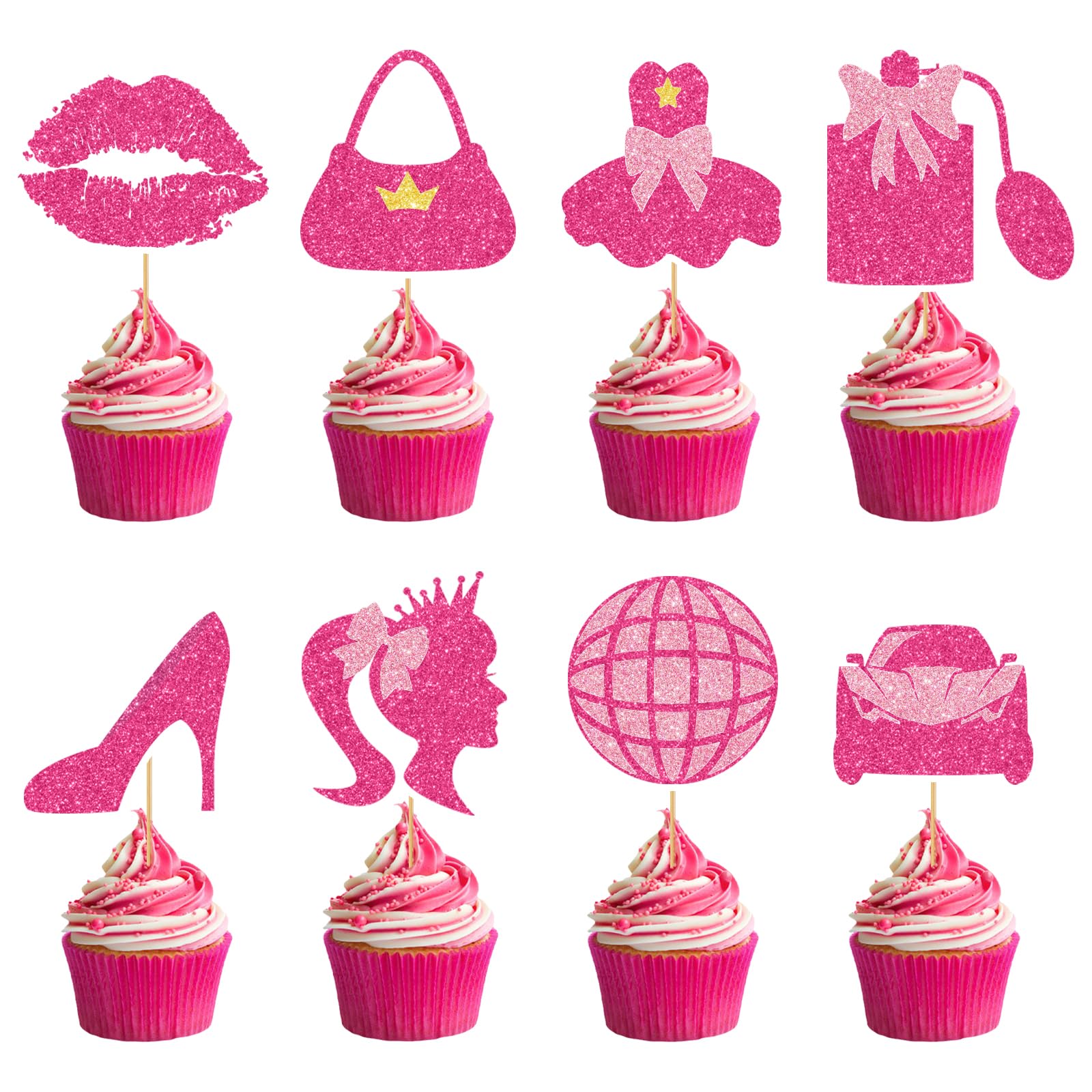 Hot Pink Girl Cupcake Toppers - 24PCS Glitter Hot Pink Princess Cupcake Toppers Picks Handbag Lip High Heel Cake Decoration Princess Birthday Bachelorette Party Supplies Bridal Shower