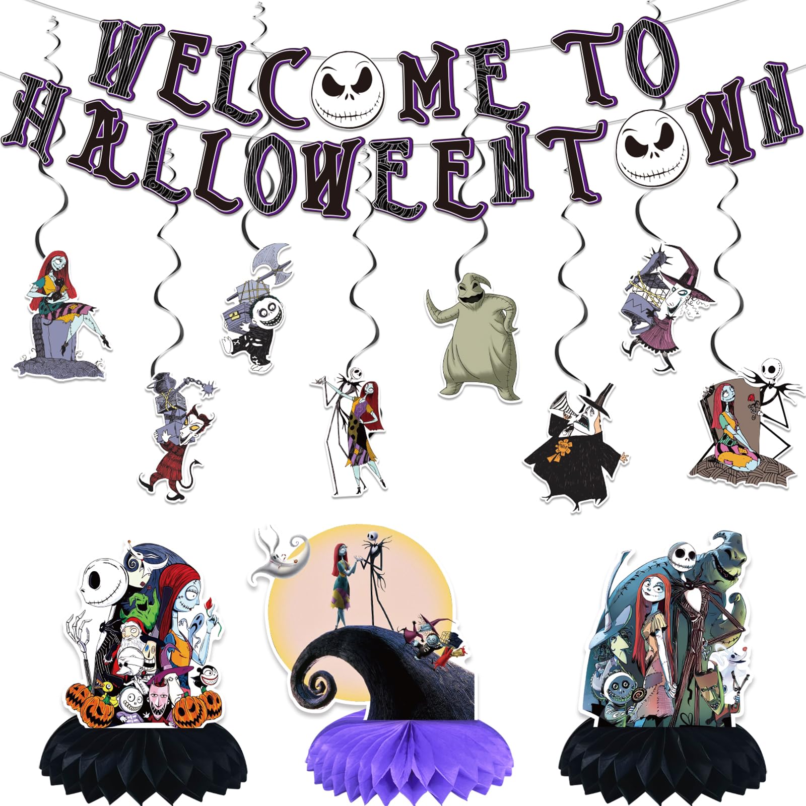 Welcome to Halloween Town Party Decorations,Christmas Nightmare Party Supplies Halloween Banner Hanging Swirls and Honeycomb for Halloween Baby Shower Birthday Party Supplies