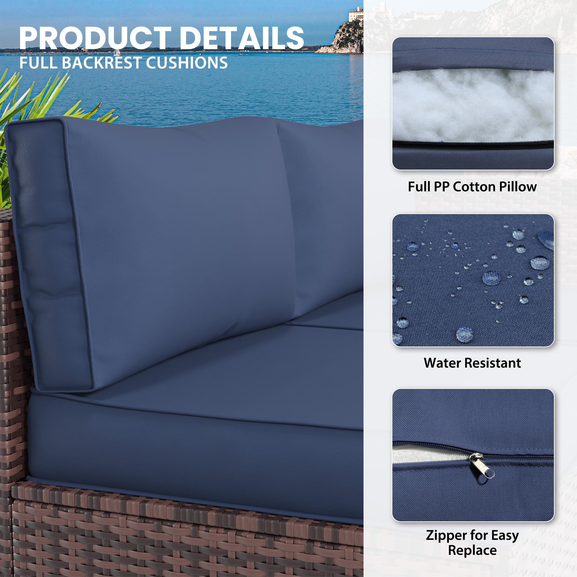 UDPATIO Outdoor Cushions for Patio Furniture, 7-Piece Replacement Cushions for Outdoor Furniture, Patio Sectional Cushions Outdoor Couch Cushions for 4-seat Patio Conversation Sets (Navy Blue)