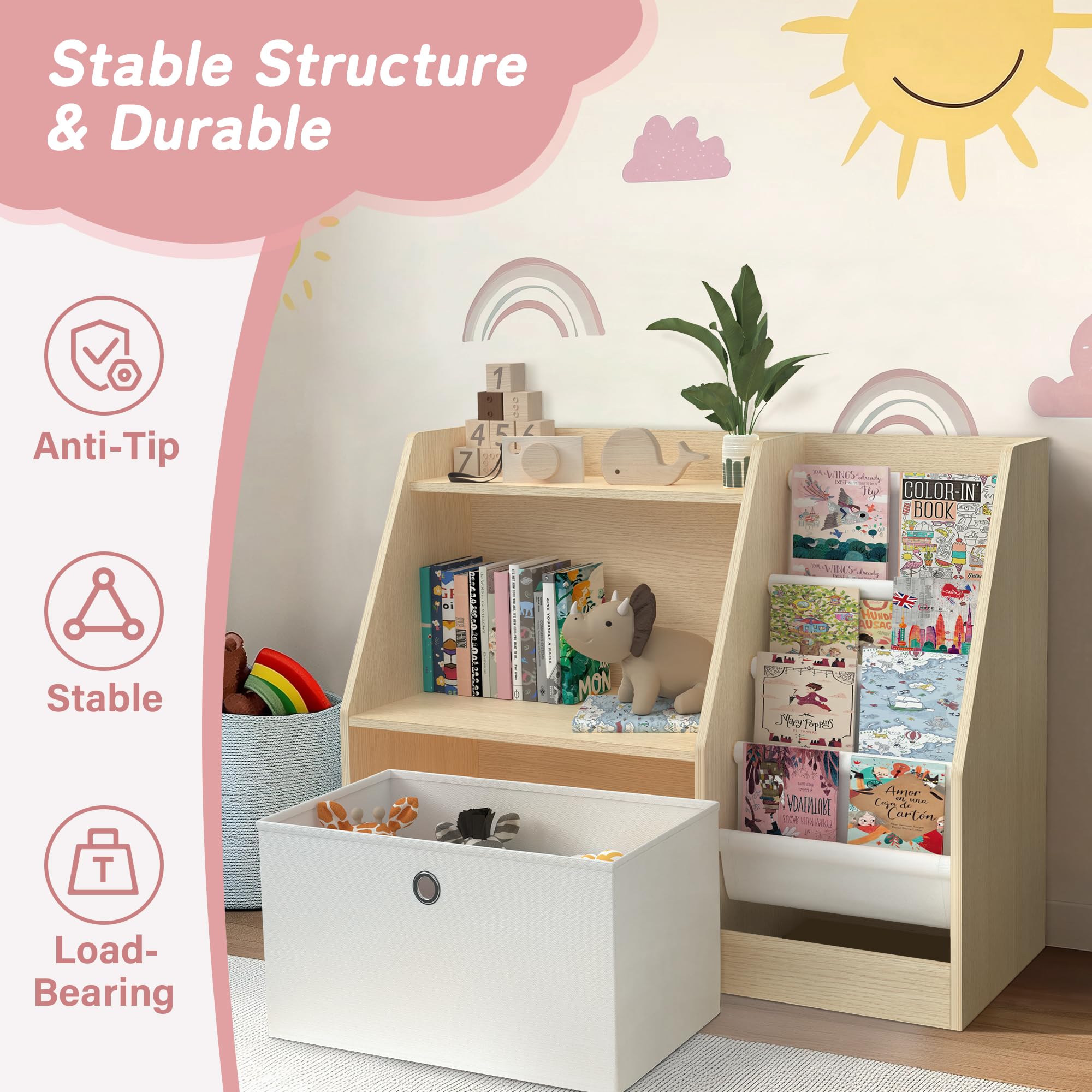 TOETOL Kids Bookshelf & Book Storage，4 Sling Wooden Toddler Book Shelf，2-Tier Wooden Open Bookcase & Storage Organizer Boxes for Nursery, Playroom, Bedroom