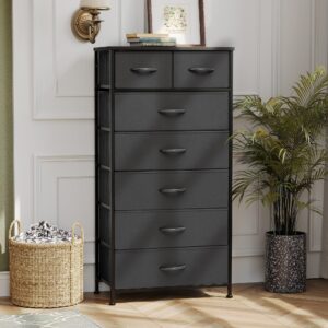 Pellebant Dresser for Bedroom with 7 Drawers, Tall Dresser Vertical Storage Tower, Sturdy Metal Frame, Fabric Storage Bins with Plastic Handle, Wooden Top, Organizer Unit for Closet/Hallway, Black