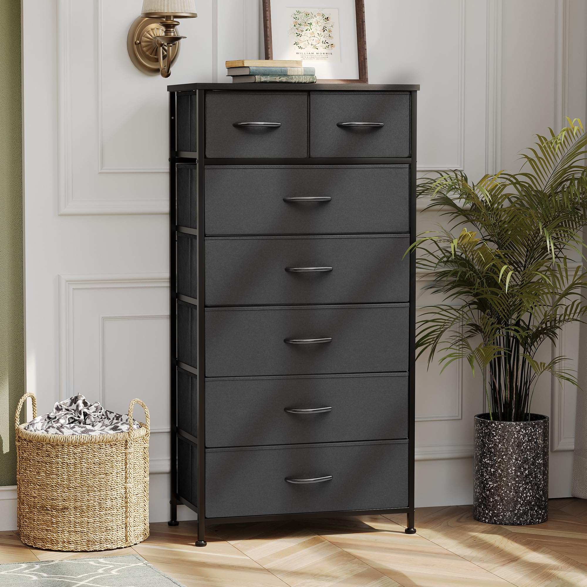 Pellebant Dresser for Bedroom with 7 Drawers, Tall Dresser Vertical Storage Tower, Sturdy Metal Frame, Fabric Storage Bins with Plastic Handle, Wooden Top, Organizer Unit for Closet/Hallway, Black